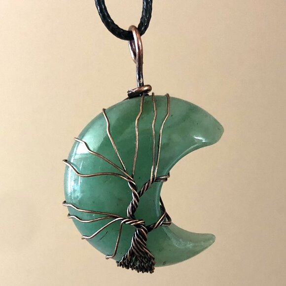 Jewelry - Green Aventurine Crescent Moon Gemstone Tree Of Life Copper Wire Wrap Pendant